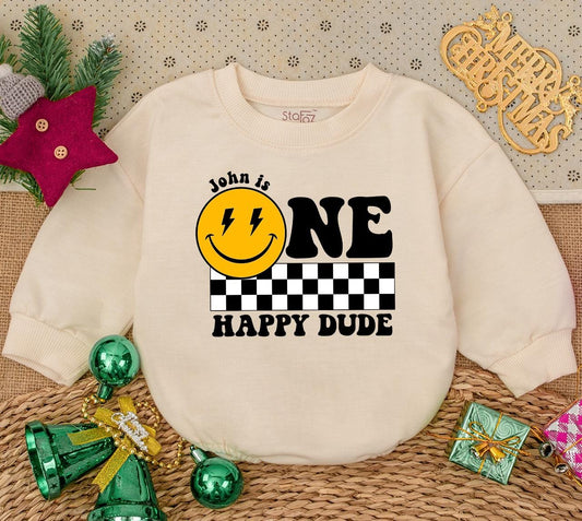 Personalized One Happy Dude Birthday Bodysuit, Smiley Face First Birthday Outfit, Custom Name Baby Boy Clothes, Retro Celebration Romper, Newborn Gift 138
