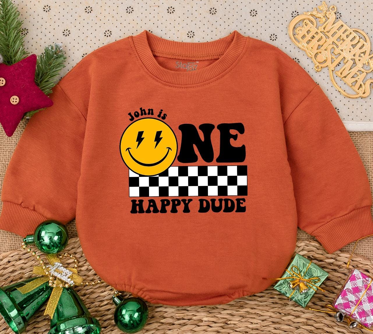 Personalized One Happy Dude Birthday Bodysuit, Smiley Face First Birthday Outfit, Custom Name Baby Boy Clothes, Retro Celebration Romper, Newborn Gift 138