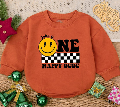 Personalized One Happy Dude Birthday Bodysuit, Smiley Face First Birthday Outfit, Custom Name Baby Boy Clothes, Retro Celebration Romper, Newborn Gift 138