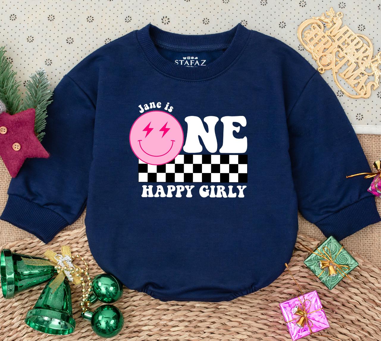 Jane is ONE Birthday Bodysuit, Happy Girly First Birthday Outfit, Smiley Face Baby Girl Romper, Modern Black and White Checkerboard Party Outfit