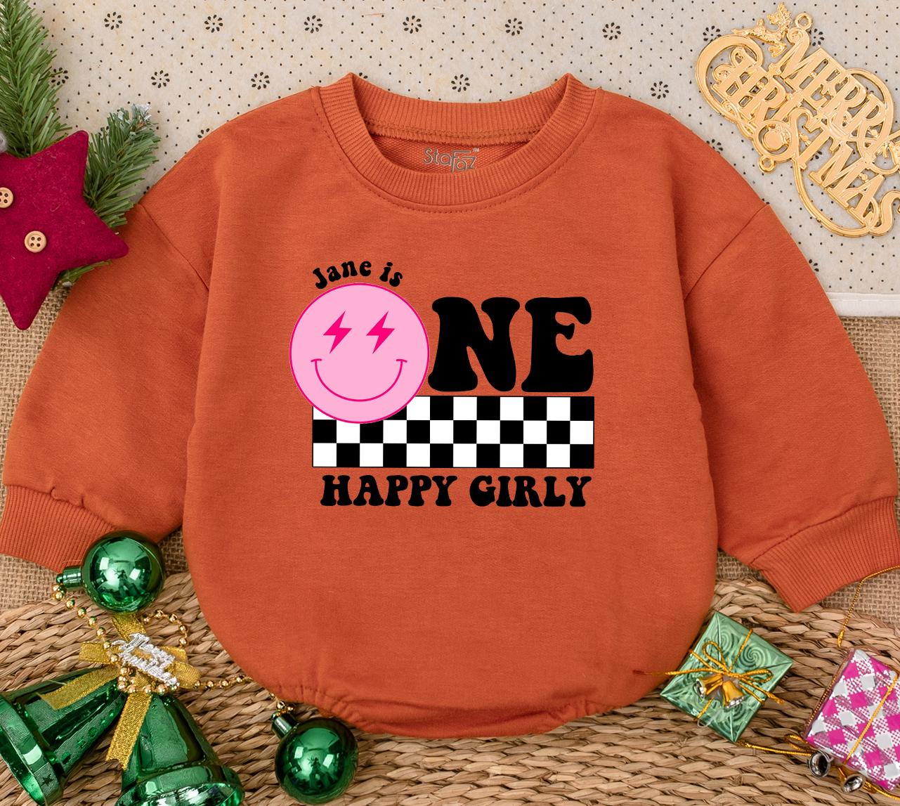 Jane is ONE Birthday Bodysuit, Happy Girly First Birthday Outfit, Smiley Face Baby Girl Romper, Modern Black and White Checkerboard Party Outfit