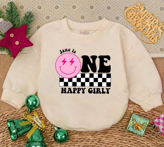 Jane is ONE Birthday Bodysuit, Happy Girly First Birthday Outfit, Smiley Face Baby Girl Romper, Modern Black and White Checkerboard Party Outfit
