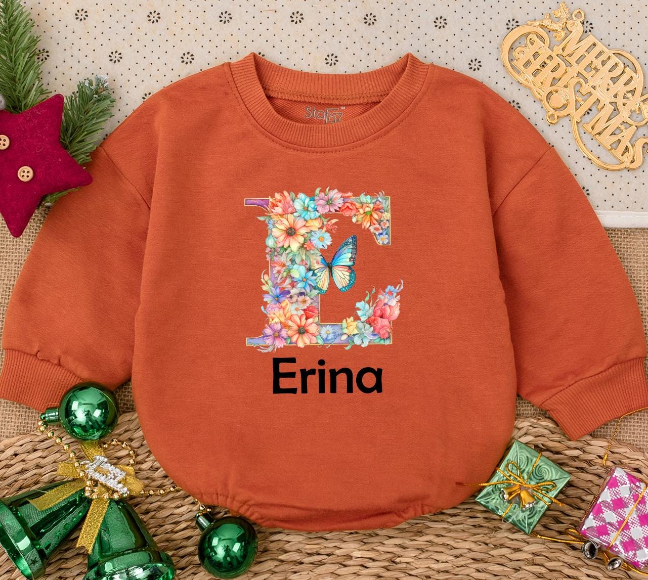 Personalized Baby Girl Romper Floral Letter E Erina Name Newborn Bodysuit Baby Shower Gift Whimsical Watercolor Flowers Butterfly Print First Birthday Outfit
