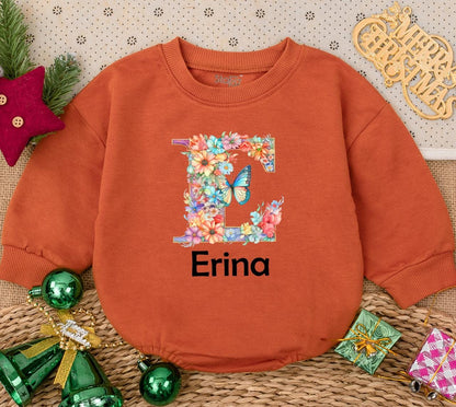 Personalized Baby Girl Romper Floral Letter E Erina Name Newborn Bodysuit Baby Shower Gift Whimsical Watercolor Flowers Butterfly Print First Birthday Outfit
