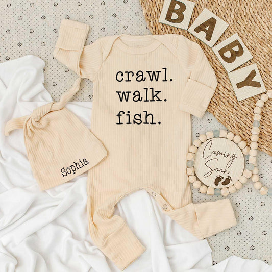 Crawl Walk Fish Baby Bodysuit & Sophia Hat Set: Cute Fishing Outfit for Baby Boy or Girl, Cotton Clothes