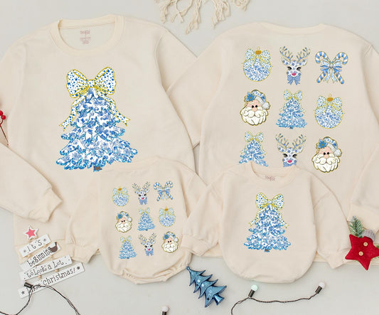 Vintage Christmas Tree Sweatshirt: Blue Floral Bow Festive Top, Baby Romper & Kids Outfit, Cute Xmas Newborn Clothes, Retro Holiday Style,Coquette Sweatshirt 