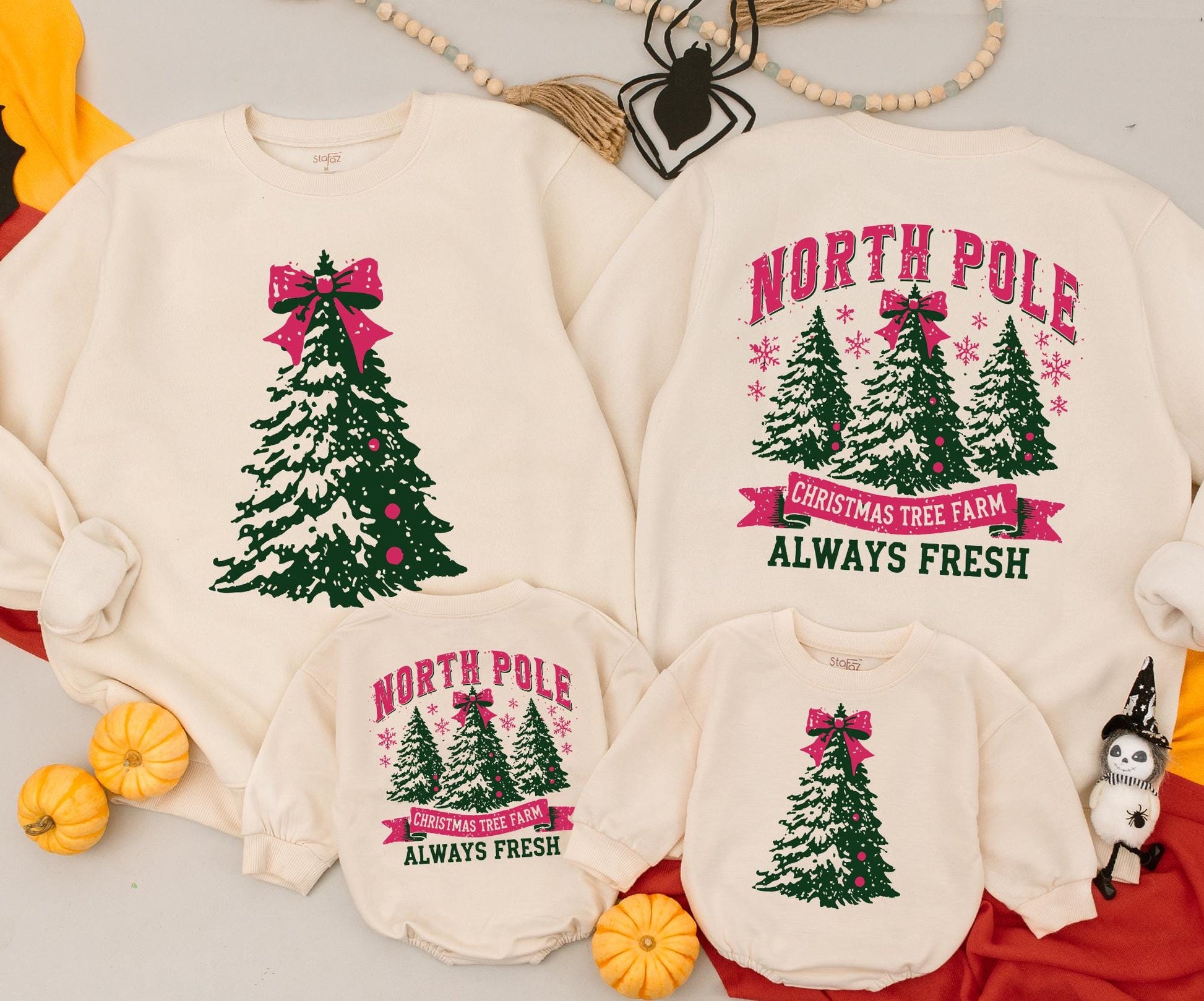 North Pole Christmas Tree Farm Sweatshirt Cozy Green Red Bow Festive Vintage Baby Toddler Gift