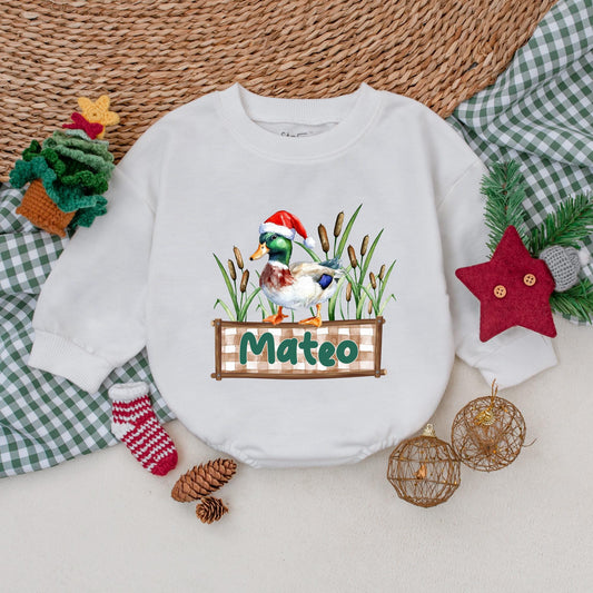 Personalized Christmas Mallard Duck Romper Baby Boy Outfit, Mateo Banner, Hunting Holiday Bodysuit, Christmas Baby Clothes Duck Lover Gift (139)