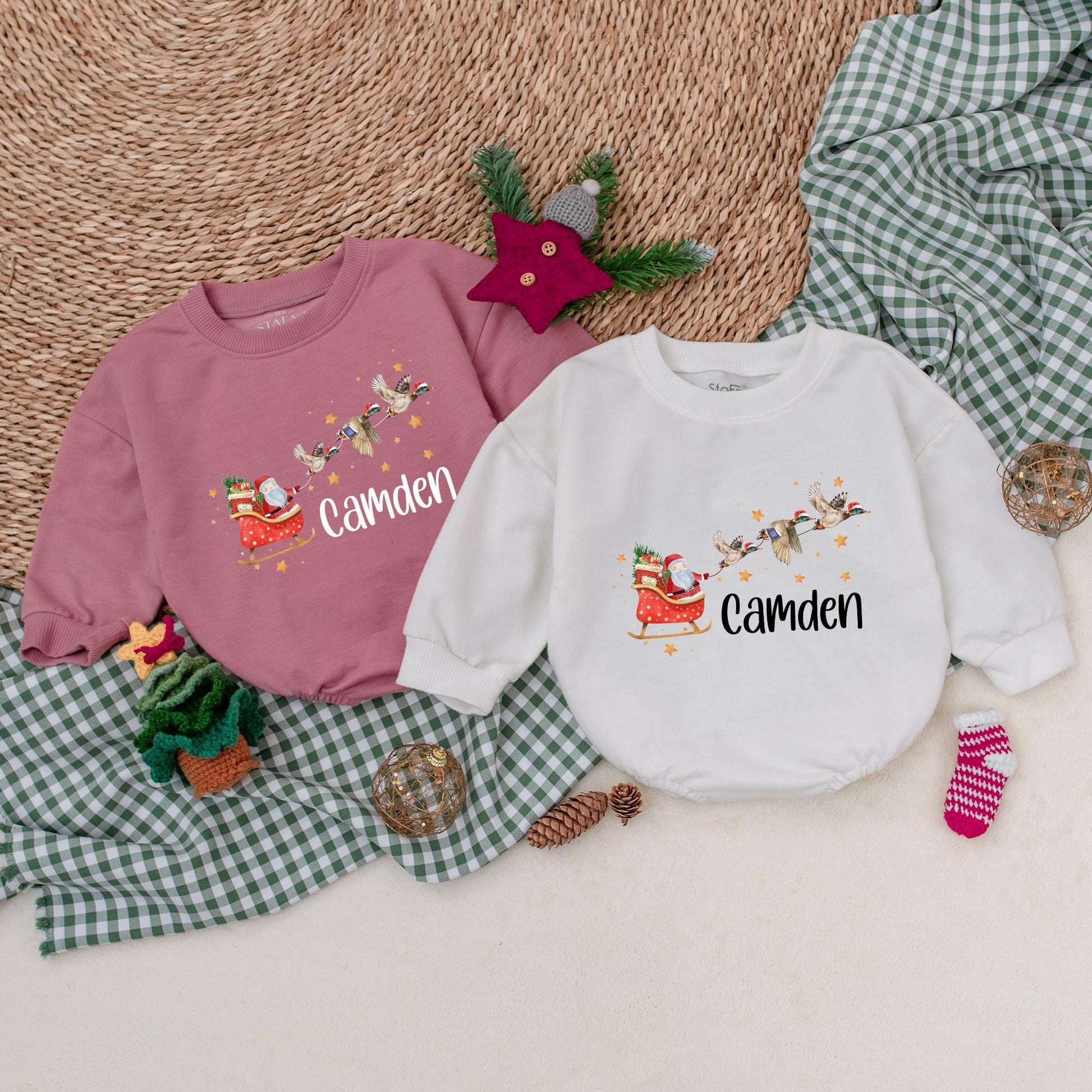 Christmas Sleigh Mallard Duck Romper, Santa Claus Baby Bodysuit, Personalized Camden Boys Outfit, Whimsical Holiday Winter Clothes Gift, Newborn 139