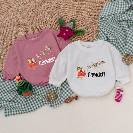 Christmas Sleigh Mallard Duck Romper, Santa Claus Baby Bodysuit, Personalized Camden Boys Outfit, Whimsical Holiday Winter Clothes Gift, Newborn 139