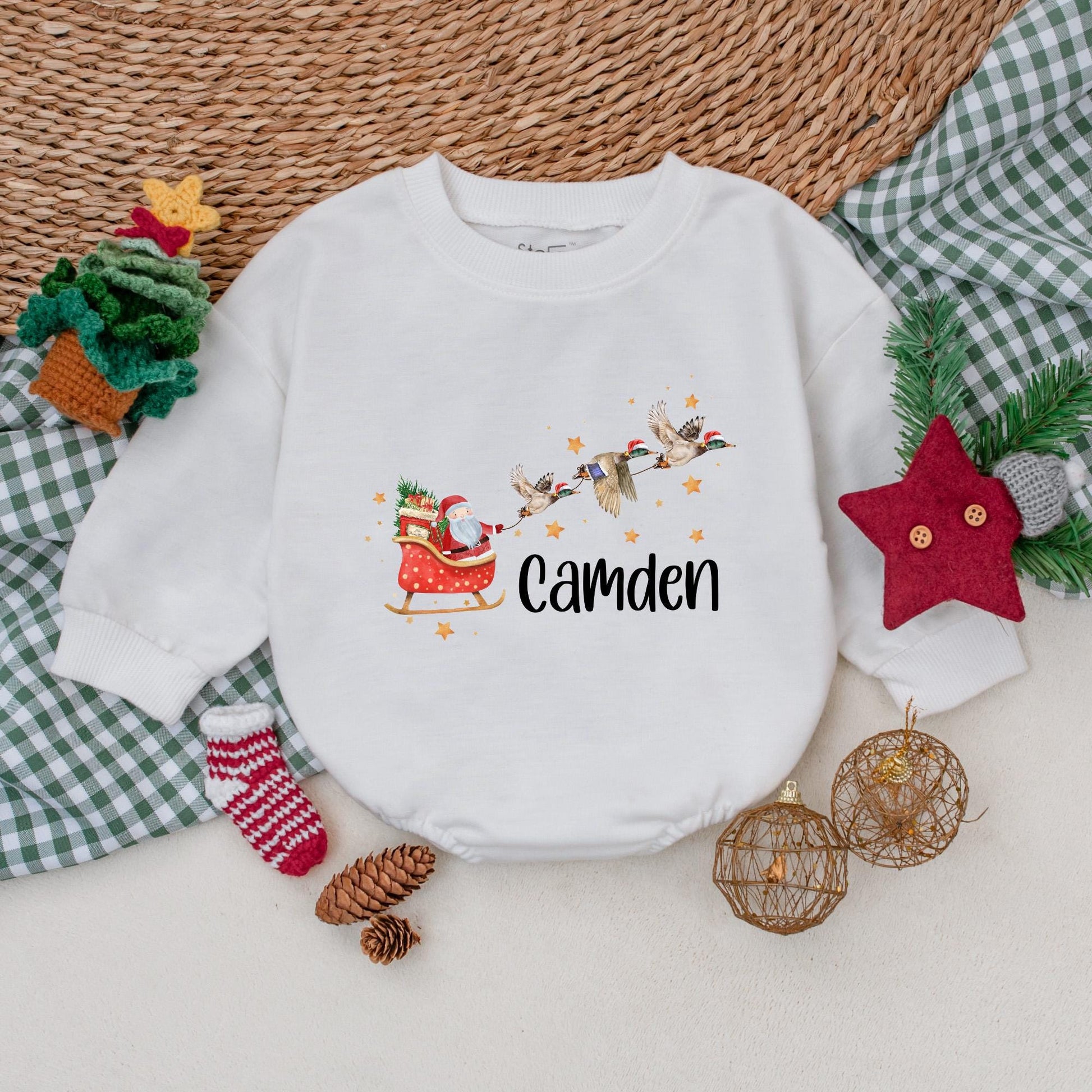 Christmas Sleigh Mallard Duck Romper, Santa Claus Baby Bodysuit, Personalized Camden Boys Outfit, Whimsical Holiday Winter Clothes Gift, Newborn 139