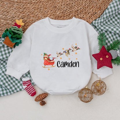 Christmas Sleigh Mallard Duck Romper, Santa Claus Baby Bodysuit, Personalized Camden Boys Outfit, Whimsical Holiday Winter Clothes Gift, Newborn 139