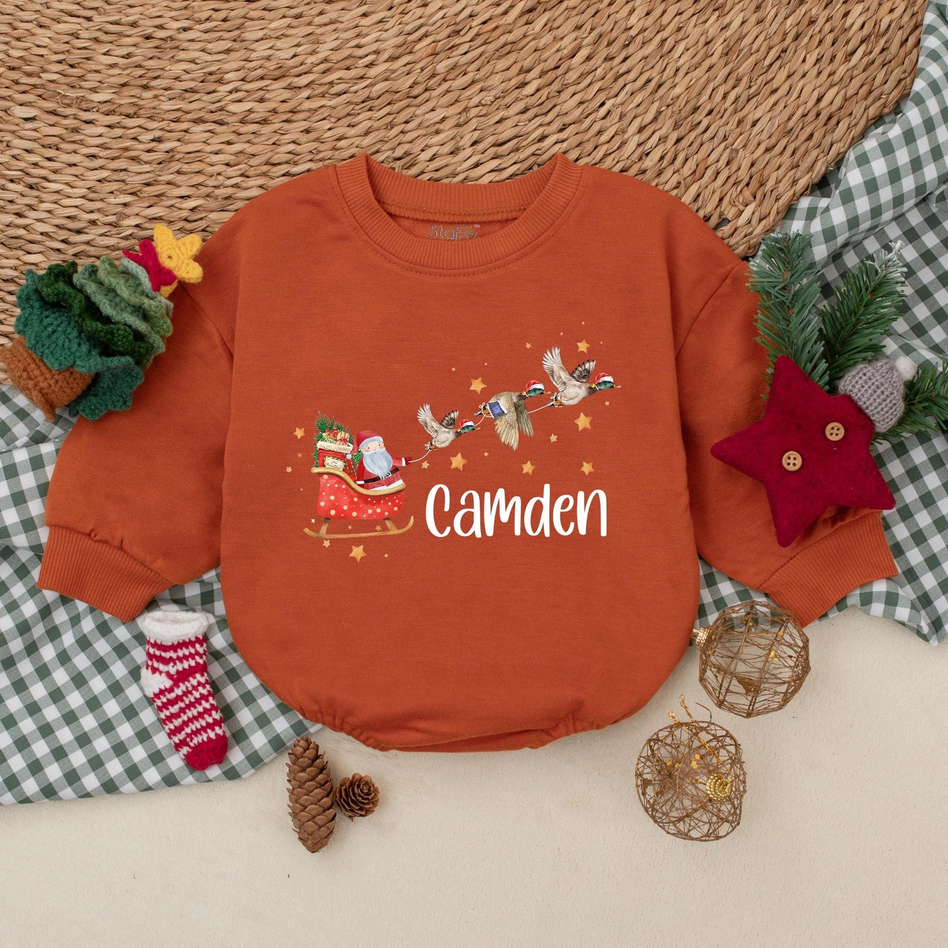 Christmas Sleigh Mallard Duck Romper, Santa Claus Baby Bodysuit, Personalized Camden Boys Outfit, Whimsical Holiday Winter Clothes Gift, Newborn 139