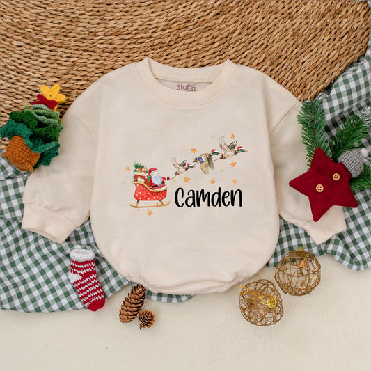 Christmas Sleigh Mallard Duck Romper, Santa Claus Baby Bodysuit, Personalized Camden Boys Outfit, Whimsical Holiday Winter Clothes Gift, Newborn 139