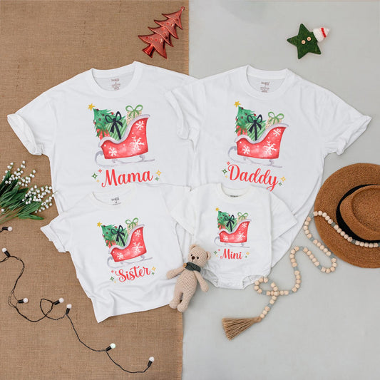 Whimsical Santa Sleigh Family Matching Shirts Mama Daddy Sister Mini Christmas Holiday Tees