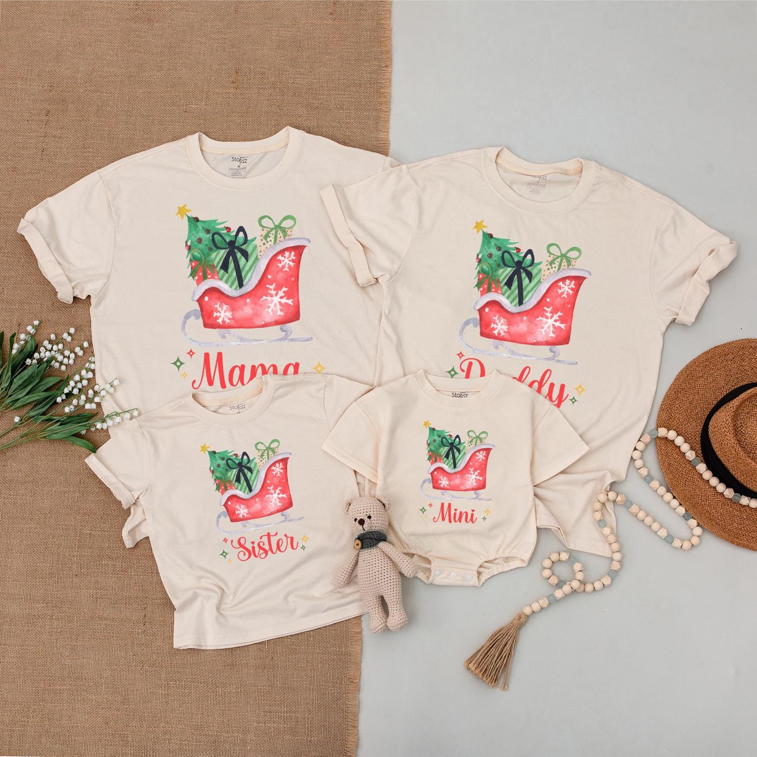 Whimsical Santa Sleigh Family Matching Shirts Mama Daddy Sister Mini Christmas Holiday Tees