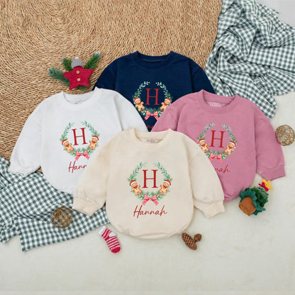 Custom Christmas Cookie Romper for Girls Personalized Hannah Red Berry Pine Wreath Baby Christmas Outfit Bubble