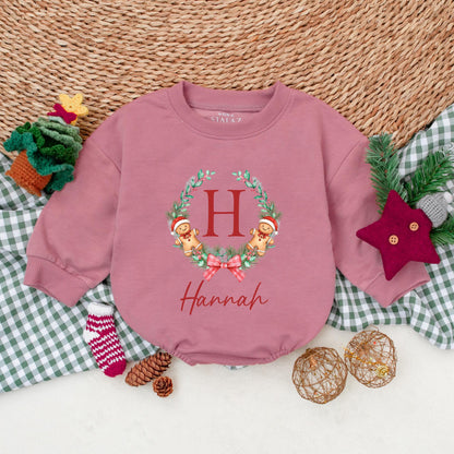 Custom Christmas Cookie Romper for Girls Personalized Hannah Red Berry Pine Wreath Baby Christmas Outfit Bubble