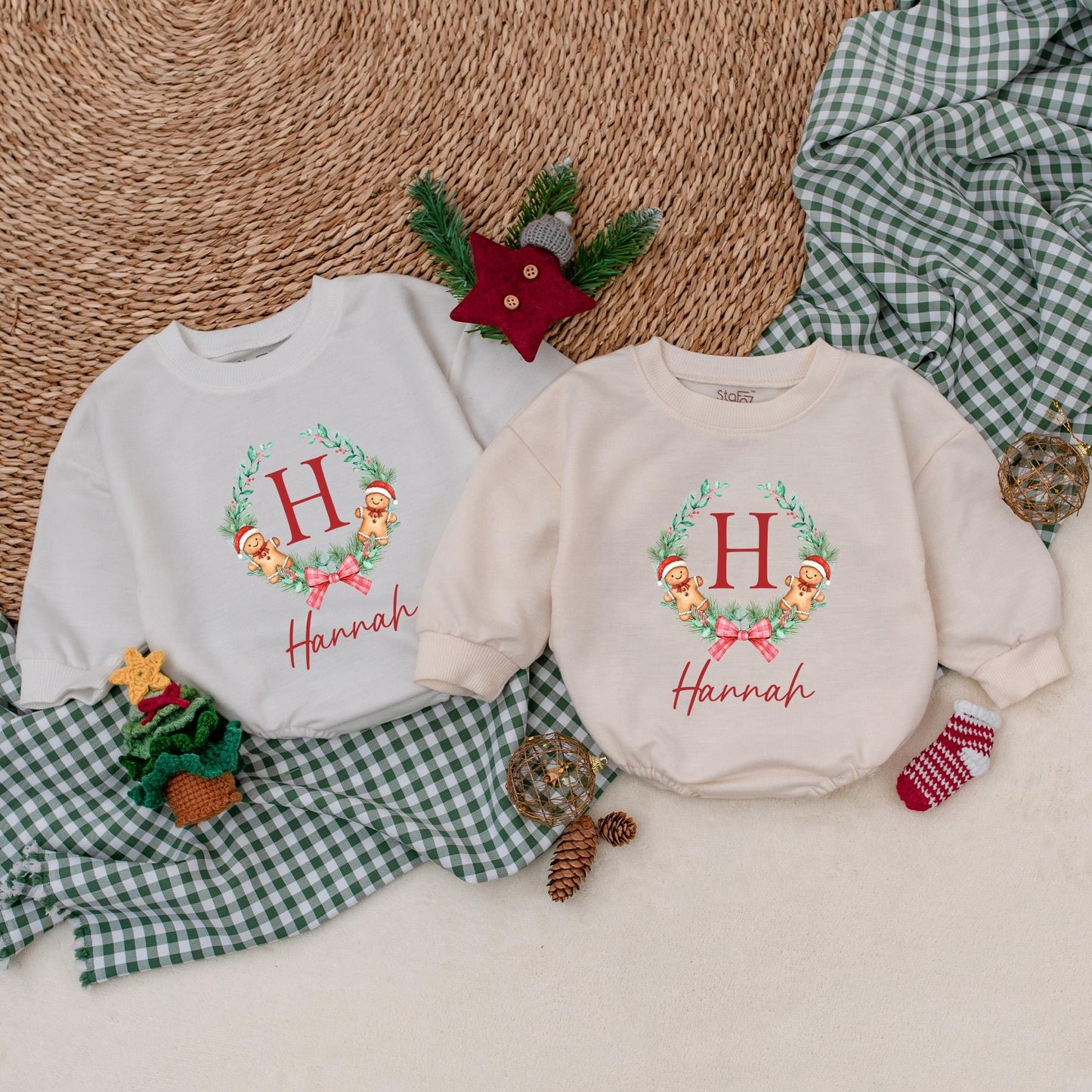 Custom Christmas Cookie Romper for Girls Personalized Hannah Red Berry Pine Wreath Baby Christmas Outfit Bubble