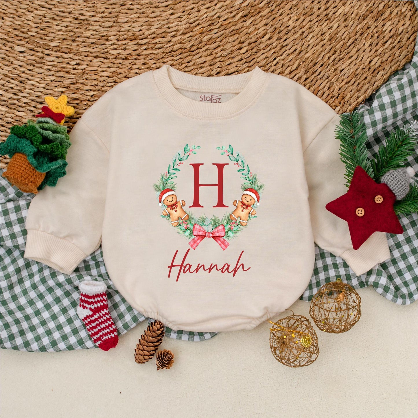Custom Christmas Cookie Romper for Girls Personalized Hannah Red Berry Pine Wreath Baby Christmas Outfit Bubble