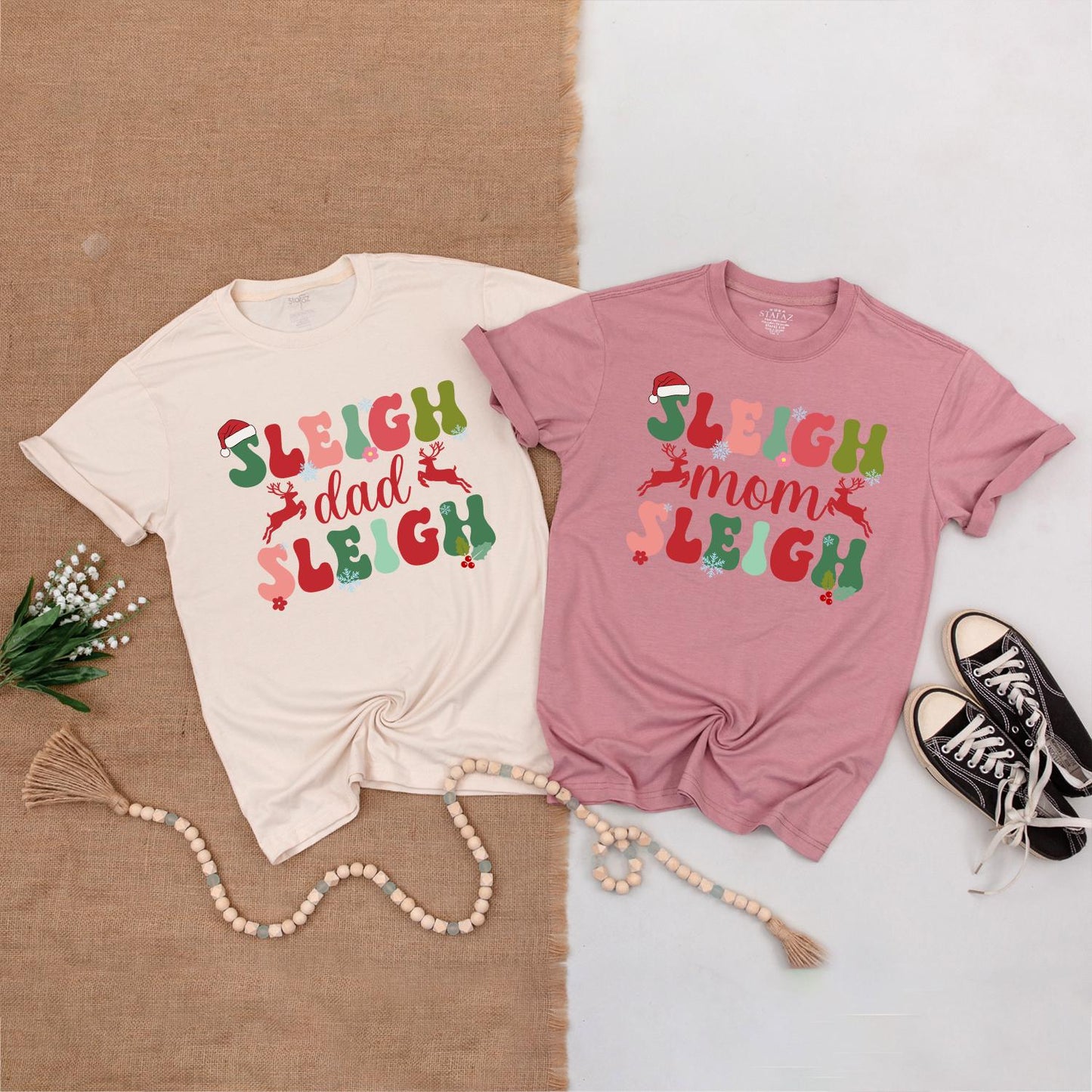 Sleigh Girl Sleigh Retro Christmas Tees Matching Family Shirts Vintage Holly Jolly Holiday Spirit Mama and Mini T-Shirts Festive Fun