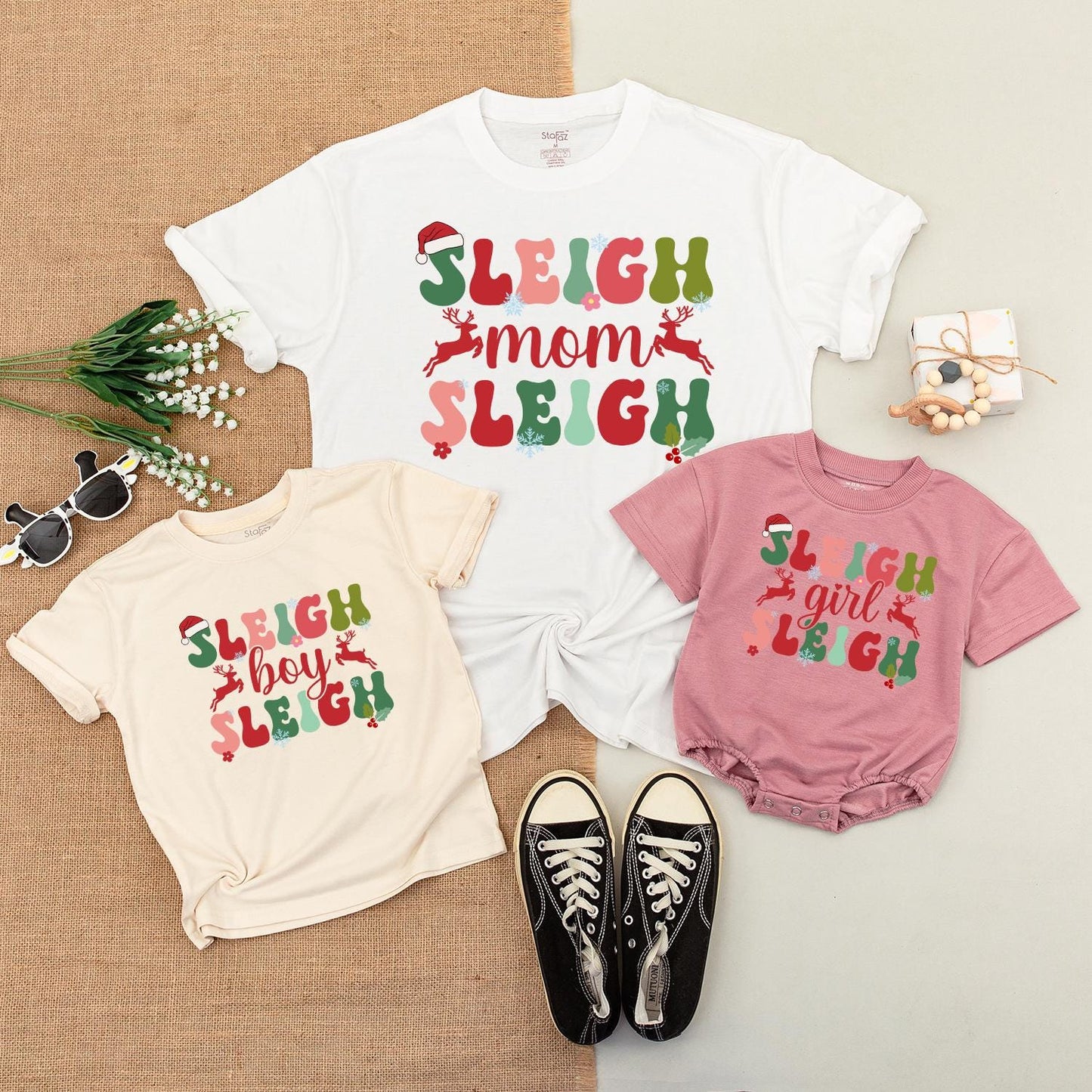 Sleigh Girl Sleigh Retro Christmas Tees Matching Family Shirts Vintage Holly Jolly Holiday Spirit Mama and Mini T-Shirts Festive Fun