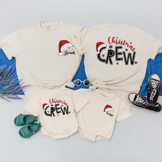 Personalized Christmas Crew Shirts Matching Family Santa Hat Outfits Custom Names Snowflake Detail Festive Xmas Gifts