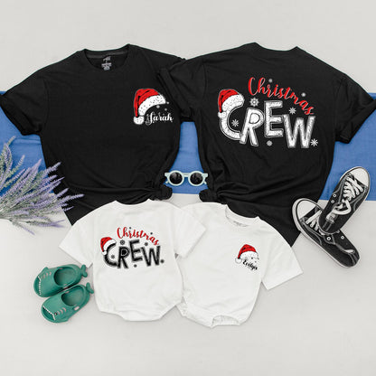 Personalized Christmas Crew Shirts Matching Family Santa Hat Outfits Custom Names Snowflake Detail Festive Xmas Gifts
