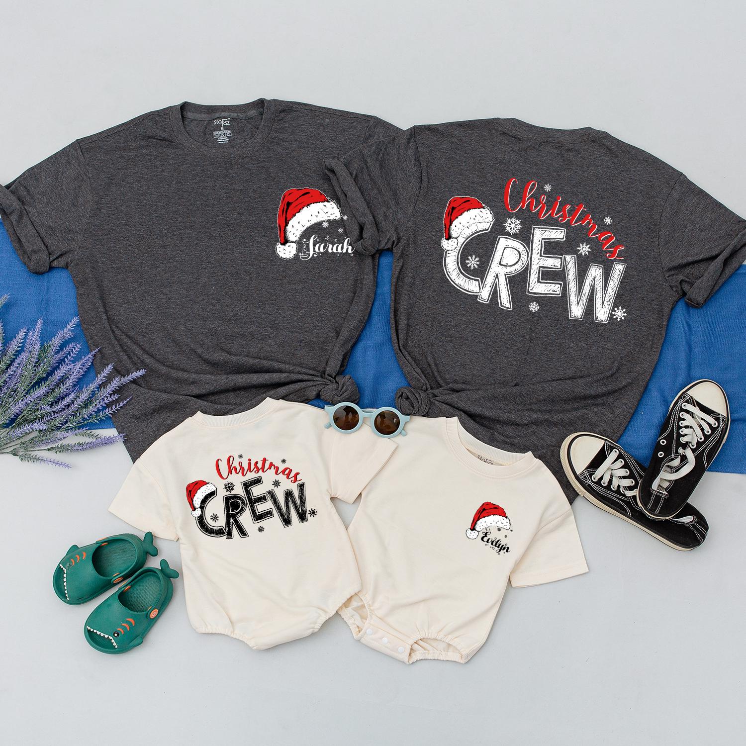 Personalized Christmas Crew Shirts Matching Family Santa Hat Outfits Custom Names Snowflake Detail Festive Xmas Gifts