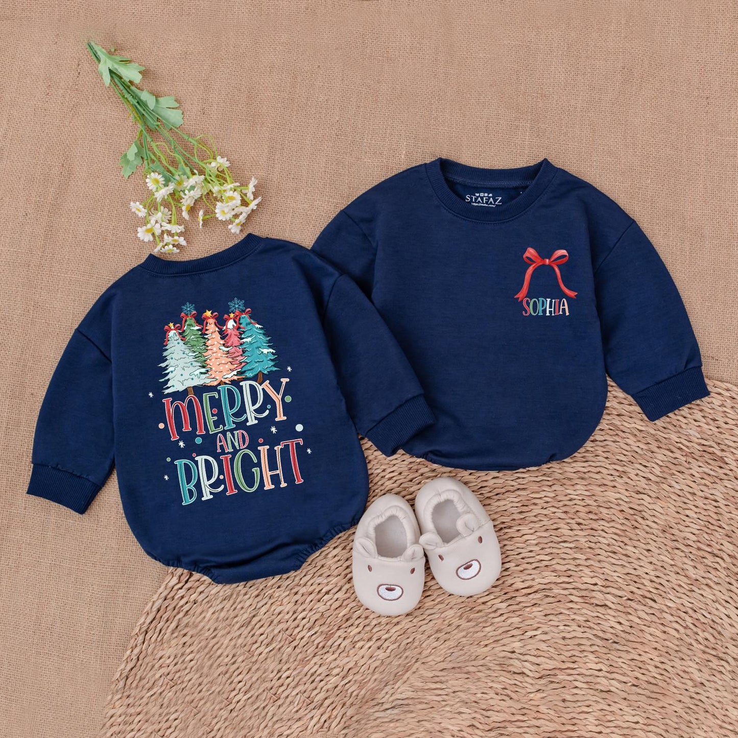 Retro Merry and Bright Romper Baby's 1st Christmas Outfit Holiday Bodysuit Cute Newborn Clothes Colorful Trees Festive Baby Shower Gift Trendy 135