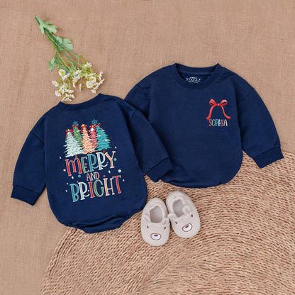 Retro Merry and Bright Romper Baby's 1st Christmas Outfit Holiday Bodysuit Cute Newborn Clothes Colorful Trees Festive Baby Shower Gift Trendy 135