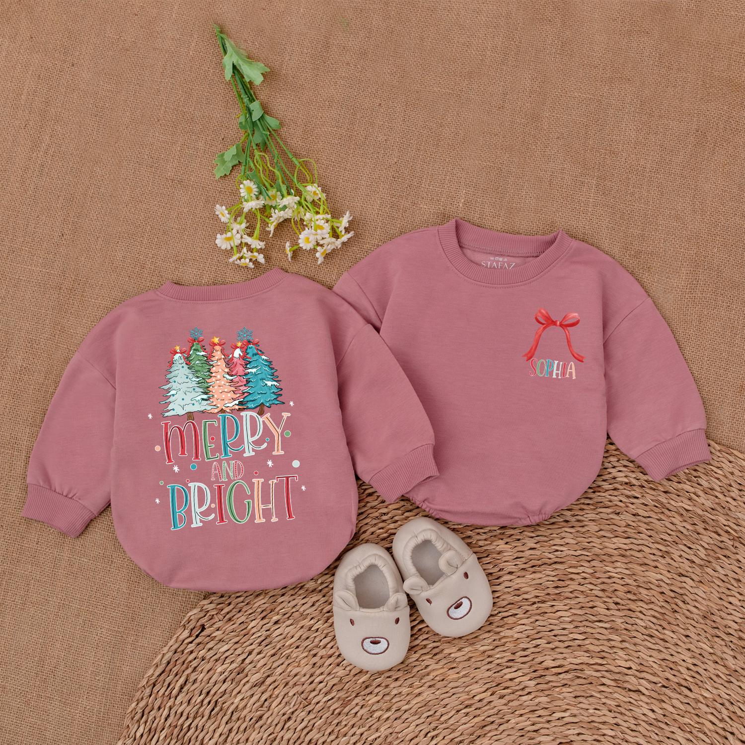 Retro Merry and Bright Romper Baby's 1st Christmas Outfit Holiday Bodysuit Cute Newborn Clothes Colorful Trees Festive Baby Shower Gift Trendy 135
