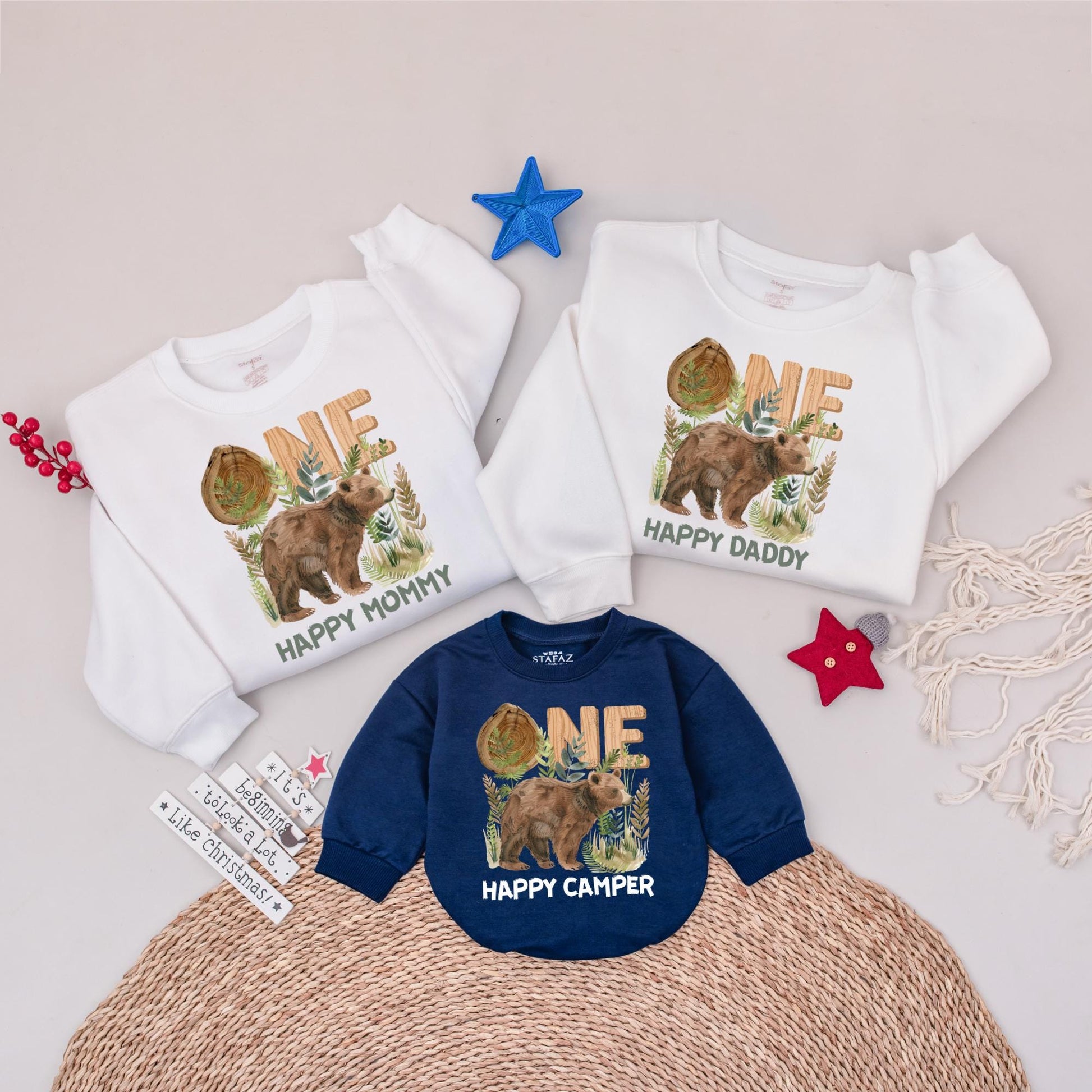 One Happy Camper Family Sweatshirt Bear Tent Birthday Outfit for Mom Dad Woodland Themed Camping Party Wear