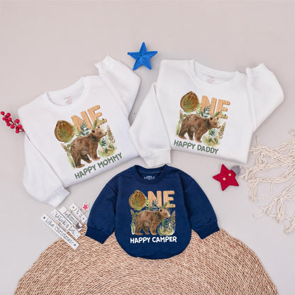 One Happy Camper Family Sweatshirt Bear Tent Birthday Outfit for Mom Dad Woodland Themed Camping Party Wear