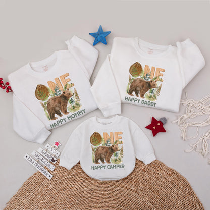 One Happy Camper Family Sweatshirt Bear Tent Birthday Outfit for Mom Dad Woodland Themed Camping Party Wear