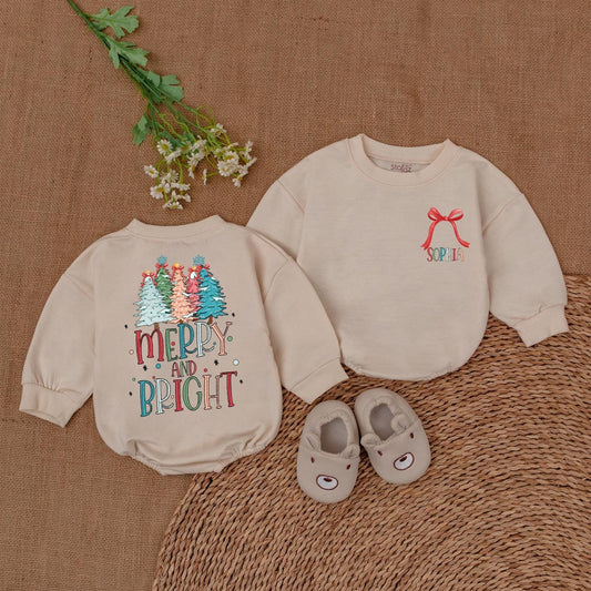 Retro Merry and Bright Romper Baby's 1st Christmas Outfit Holiday Bodysuit Cute Newborn Clothes Colorful Trees Festive Baby Shower Gift Trendy 135