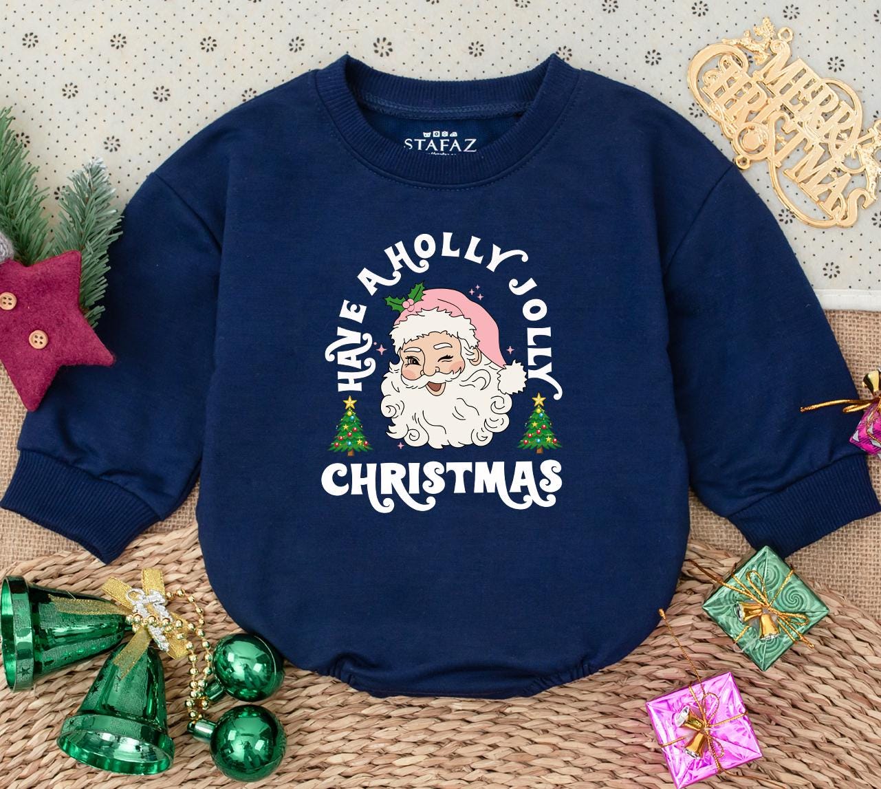 Retro Santa Baby Romper: Have a Holly Jolly Christmas Outfit, Vintage Infant Bodysuit,Pink Hat Xmas Trees Toddler Holiday Gift,Cheerful First Christmas 138 chars