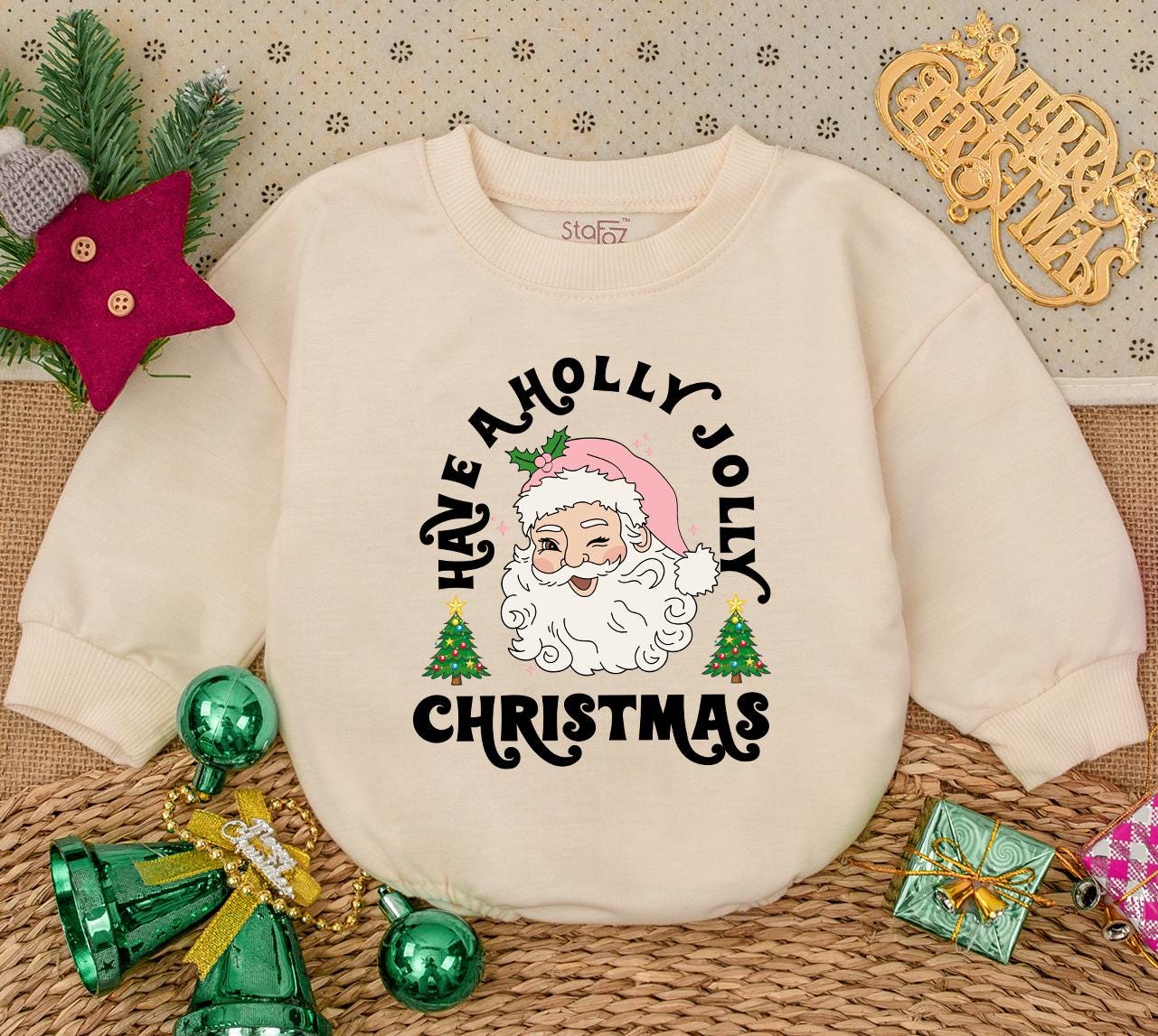 Retro Santa Baby Romper: Have a Holly Jolly Christmas Outfit, Vintage Infant Bodysuit,Pink Hat Xmas Trees Toddler Holiday Gift,Cheerful First Christmas 138 chars