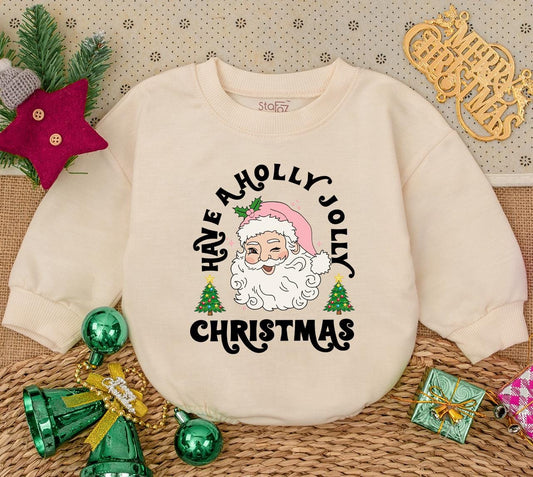Retro Santa Baby Romper: Have a Holly Jolly Christmas Outfit, Vintage Infant Bodysuit,Pink Hat Xmas Trees Toddler Holiday Gift,Cheerful First Christmas 138 chars