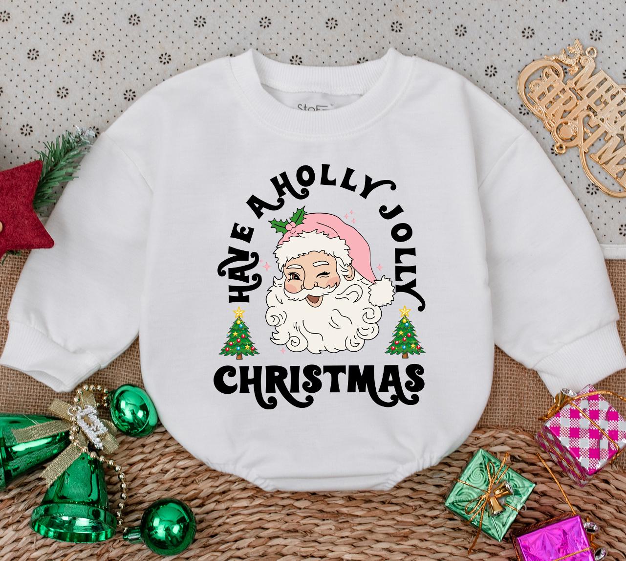 Retro Santa Baby Romper: Have a Holly Jolly Christmas Outfit, Vintage Infant Bodysuit,Pink Hat Xmas Trees Toddler Holiday Gift,Cheerful First Christmas 138 chars