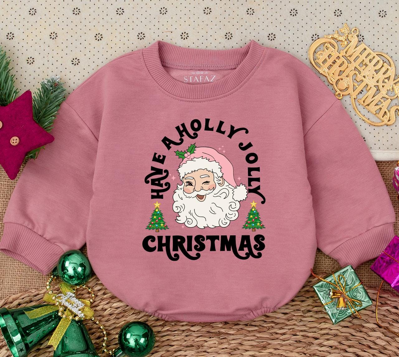 Retro Santa Baby Romper: Have a Holly Jolly Christmas Outfit, Vintage Infant Bodysuit,Pink Hat Xmas Trees Toddler Holiday Gift,Cheerful First Christmas 138 chars