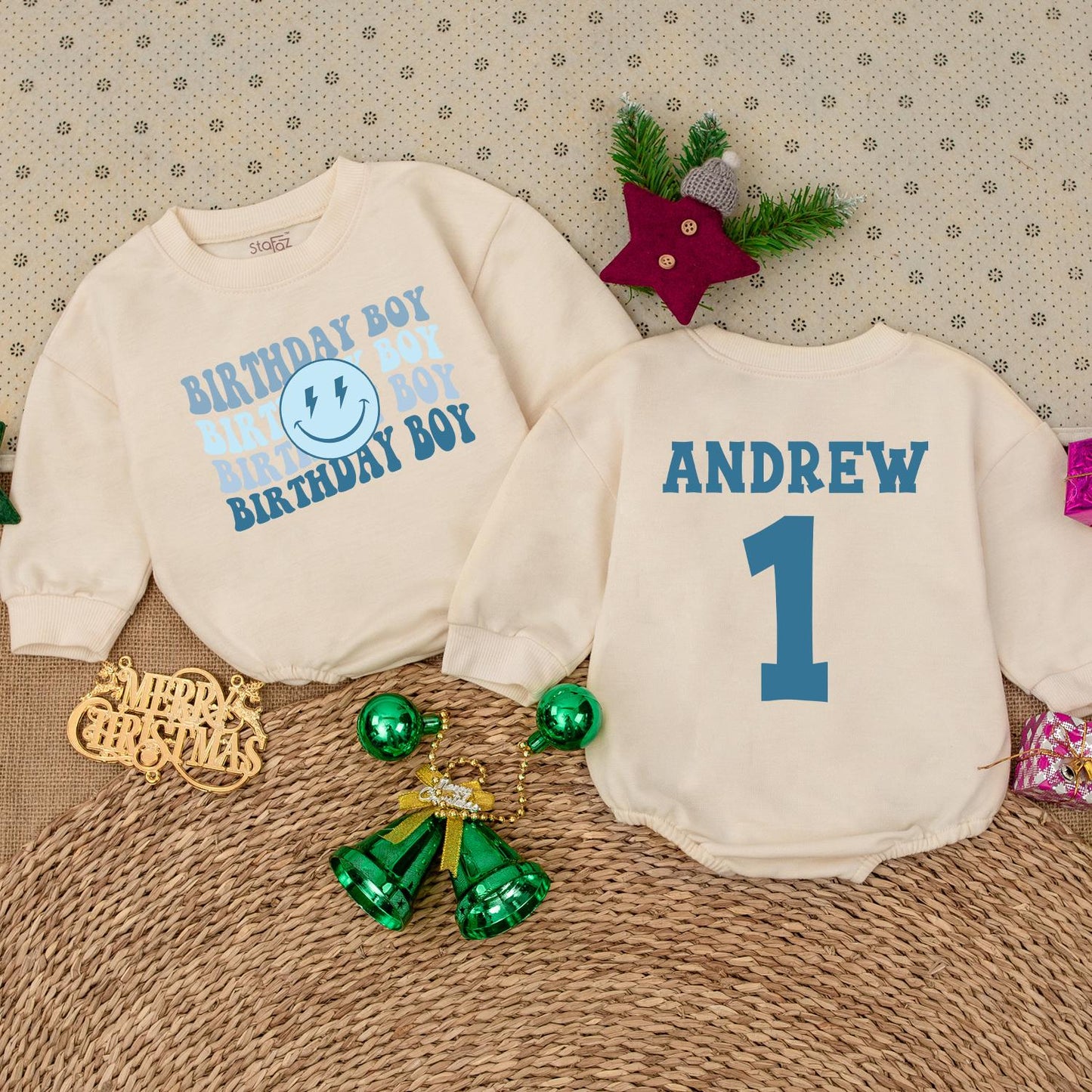 Personalized Birthday Boy Romper Cute Baby Boy First Birthday Outfit with Blue Lightning & Smile Modern Minimalist Toddler Party Clothes