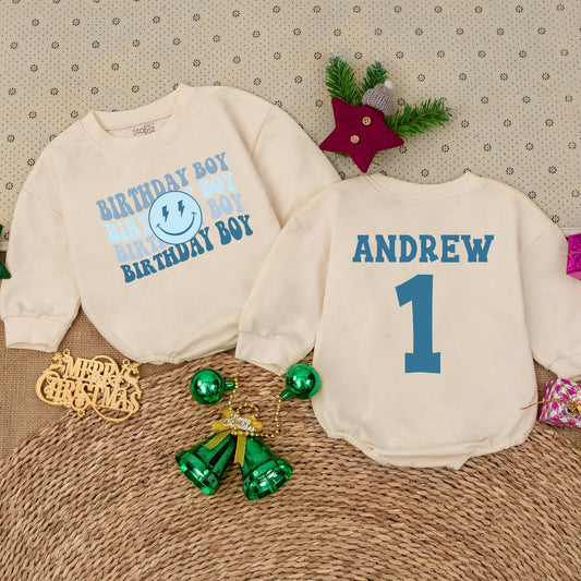 Personalized Birthday Boy Romper Cute Baby Boy First Birthday Outfit with Blue Lightning & Smile Modern Minimalist Toddler Party Clothes