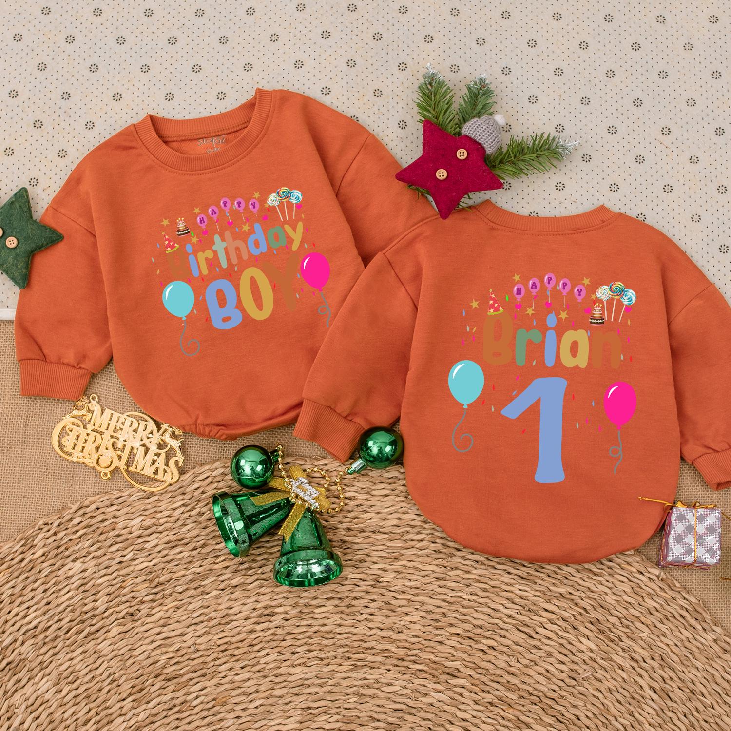 Personalized Brian First Birthday Boy Romper Colorful Balloons Stars Playful Festive Celebration Outfit Toddler Long Sleeve Cute Party Gift