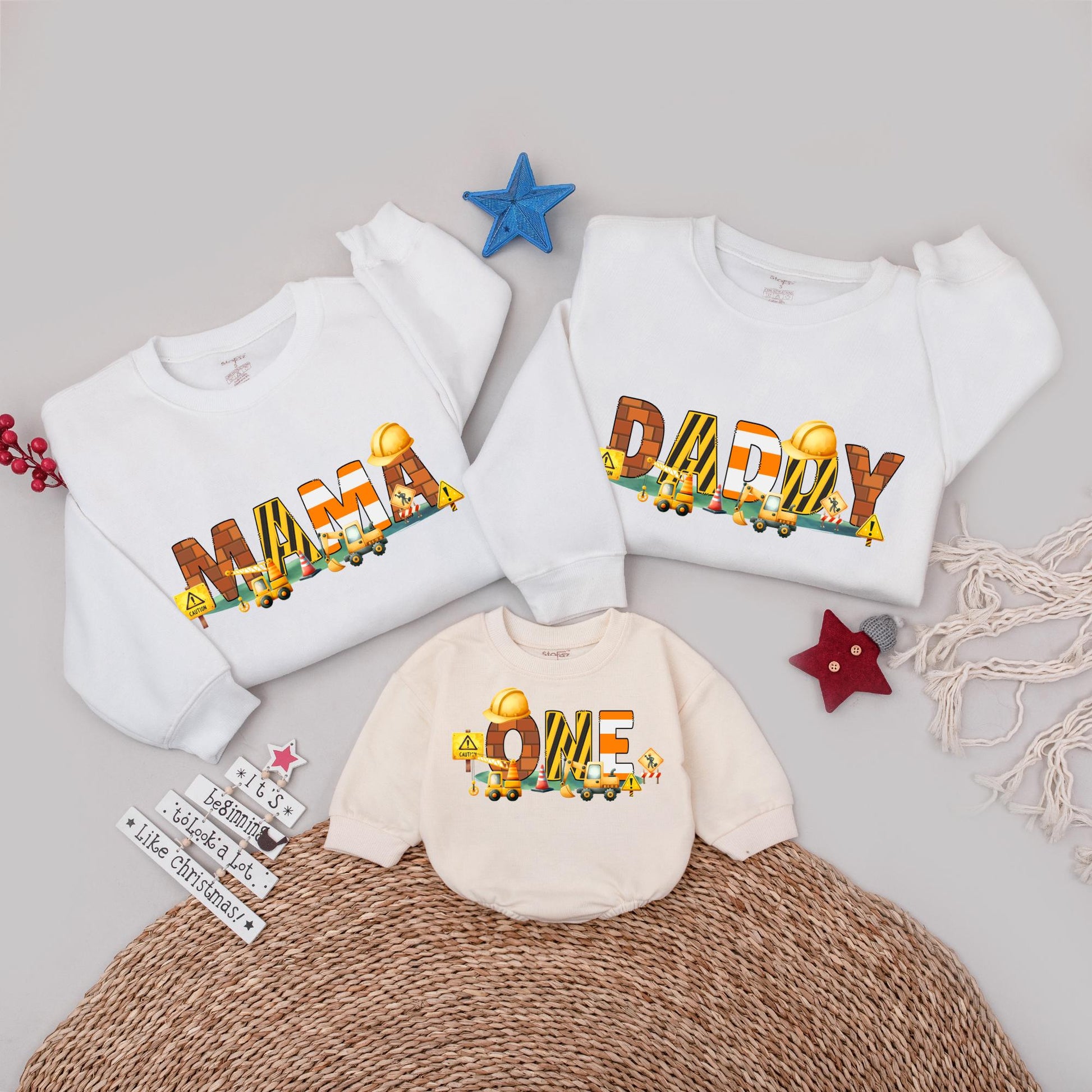 Construction Birthday Family Shirts Matching Mama Daddy ONE Construction Truck Design Custom Outfit