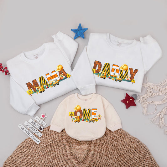 Construction Birthday Family Shirts Matching Mama Daddy ONE Construction Truck Design Custom Outfit