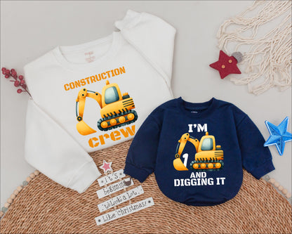 Construction Crew Sweatshirt Fun Excavator Birthday Shirt for Boys Digging It Toddler Gift Casual Party Outfit Yellow Orange Grey Cartoon Style