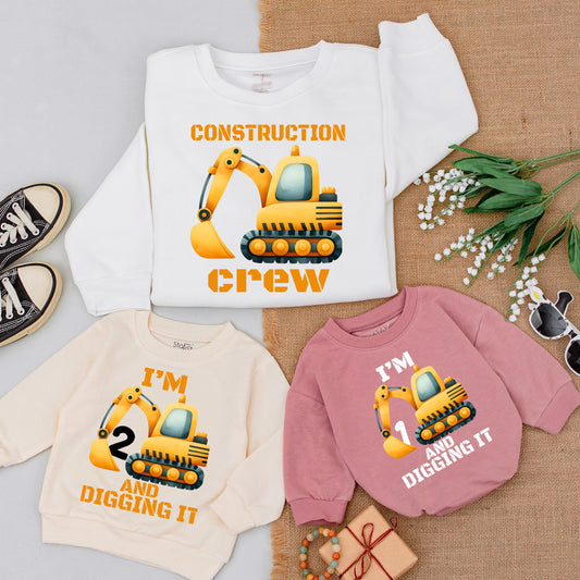 Construction Crew Sweatshirt Fun Excavator Birthday Shirt for Boys Digging It Toddler Gift Casual Party Outfit Yellow Orange Grey Cartoon Style