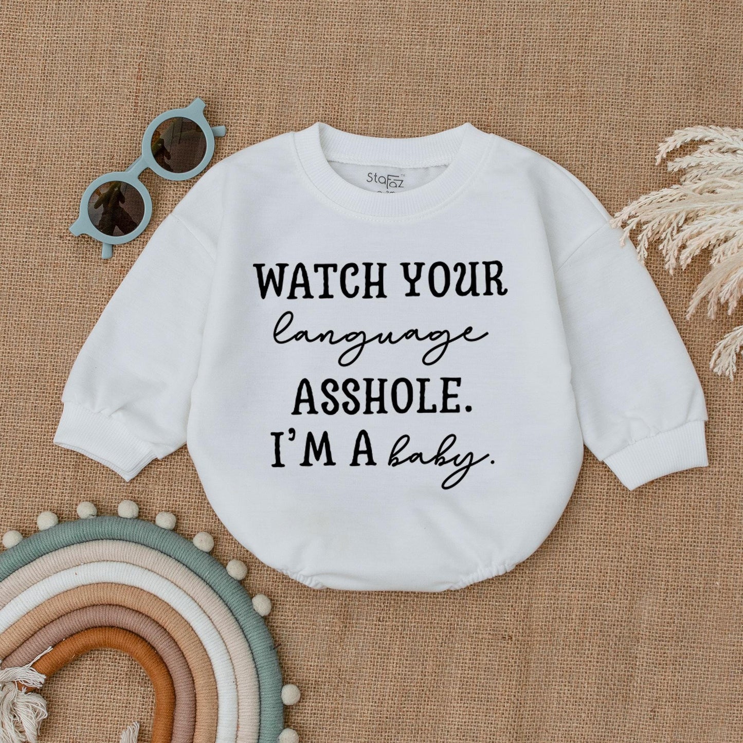 Watch Your Language Asshole I'm a Baby Romper Bodysuit Funny Saying Outfit for Newborns and Toddlers Hilarious Baby Clothes