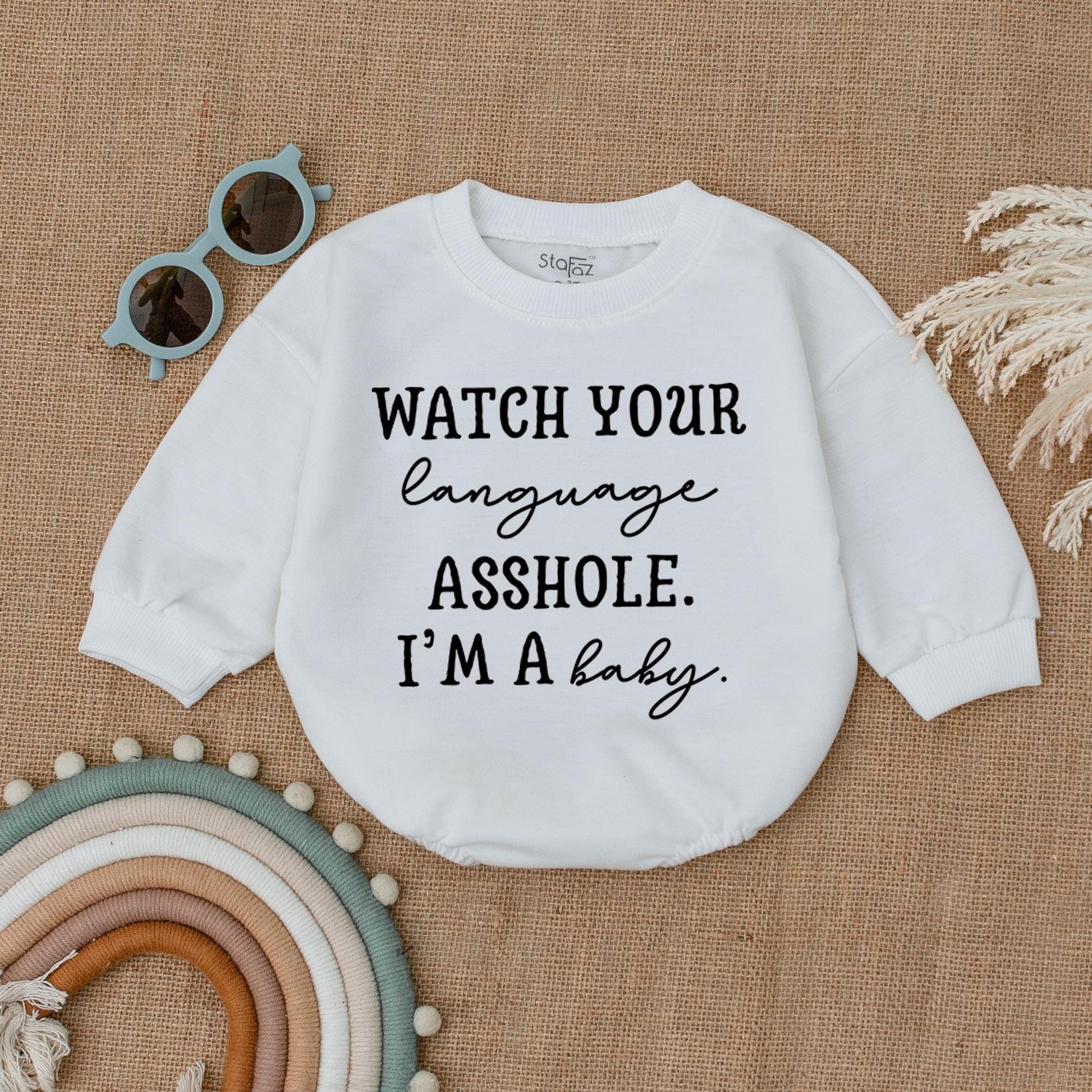 Watch Your Language Asshole I'm a Baby Romper Bodysuit Funny Saying Outfit for Newborns and Toddlers Hilarious Baby Clothes